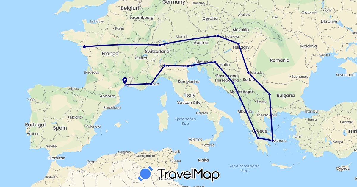 TravelMap itinerary: driving in Austria, Bosnia and Herzegovina, Bulgaria, Switzerland, France, Greece, Croatia, Hungary, Italy, Monaco, Serbia (Europe)